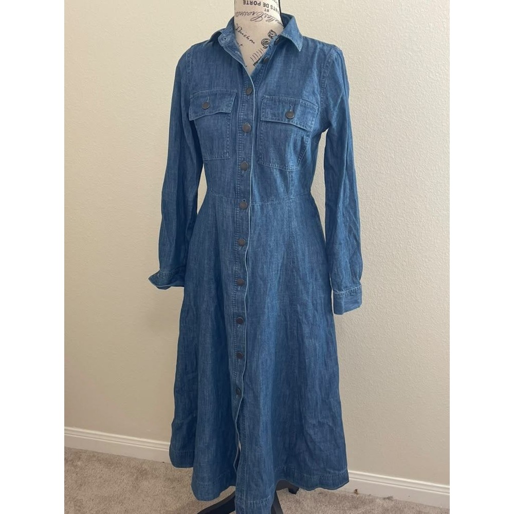 LOFT Women Blue Denim Long Sleeve Button Front Midi Shirt Dress Size 0 NWT